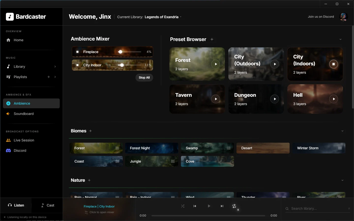 Bardcaster ambience layers with independent volume controls