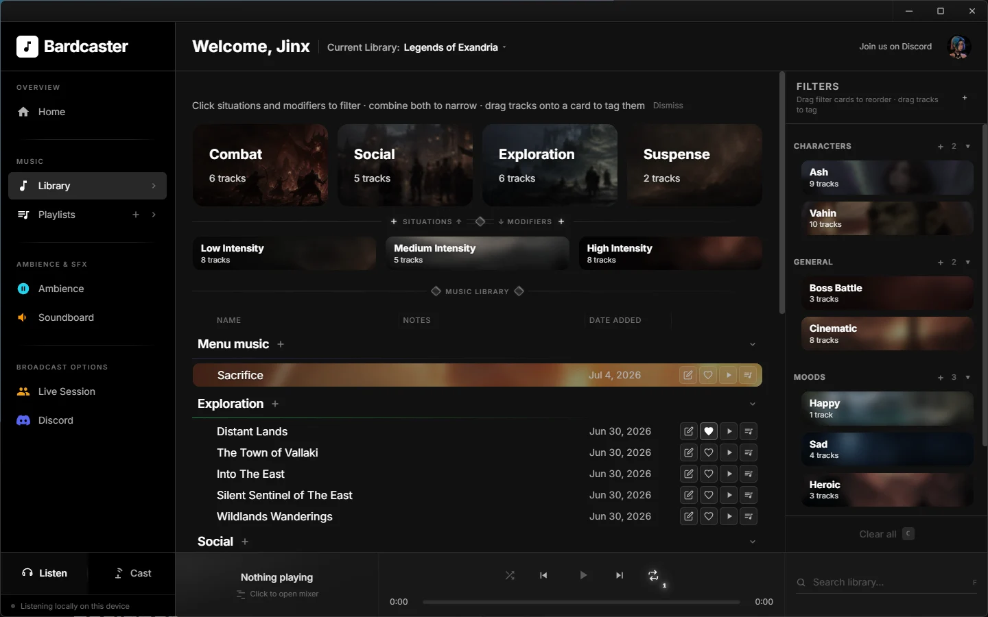Bardcaster music library with playlists and situation boards