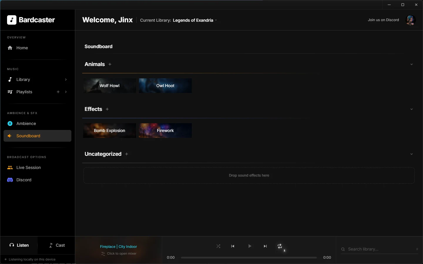 Bardcaster soundboard with custom artwork and one-shot triggers